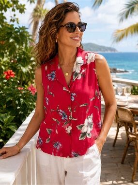 Caribbean Joe Red Tropical Floral Resort Tank Blouse Size Large